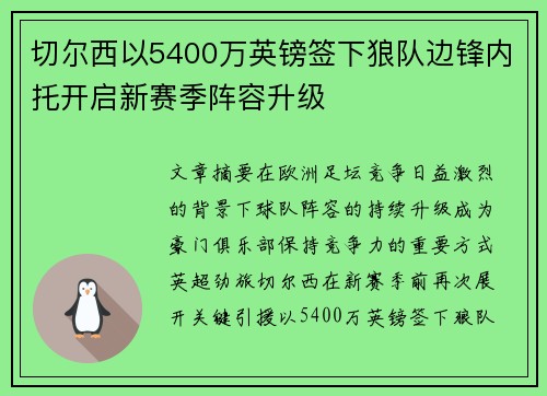切尔西以5400万英镑签下狼队边锋内托开启新赛季阵容升级 切尔西以5400万英镑签下狼队边锋内托开启新赛季阵容升级